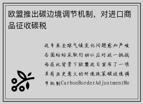 欧盟推出碳边境调节机制，对进口商品征收碳税